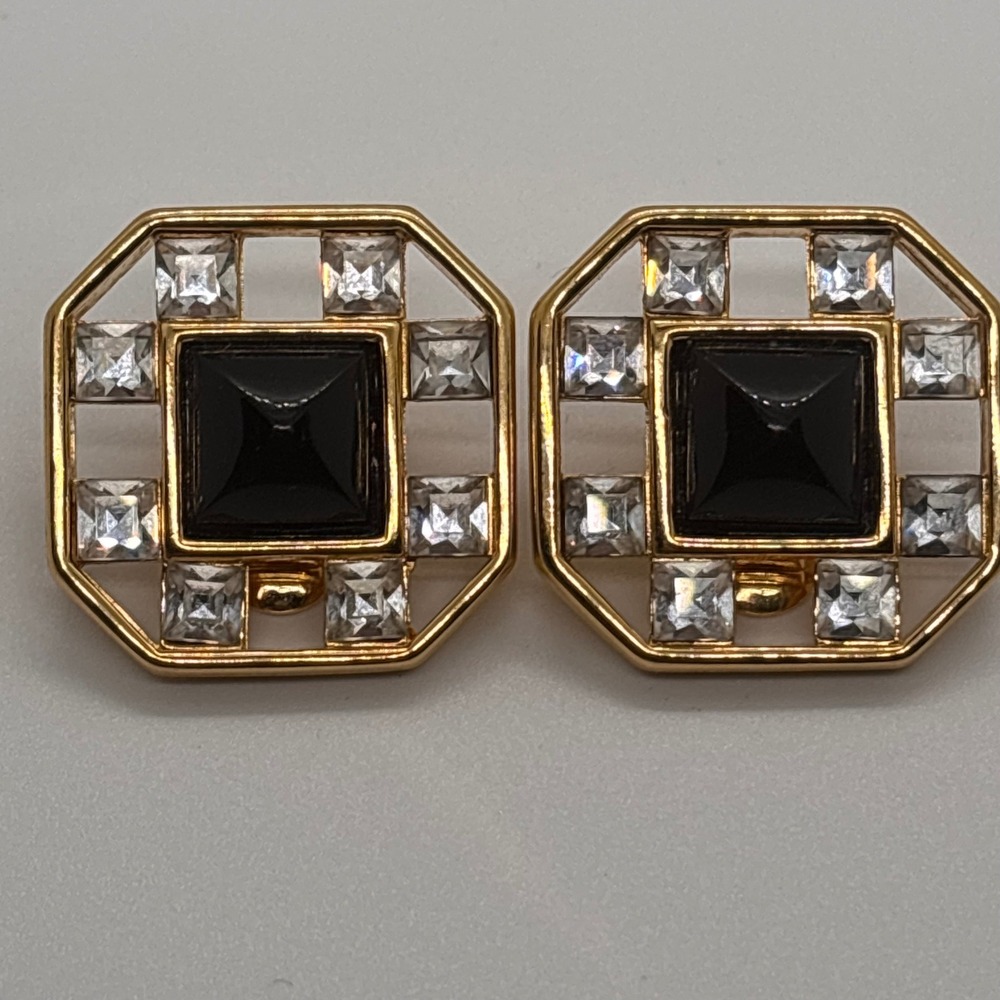 Monet Gold Tone Octagon Clip On Earrings Black Square Clear Crystal Accents‎